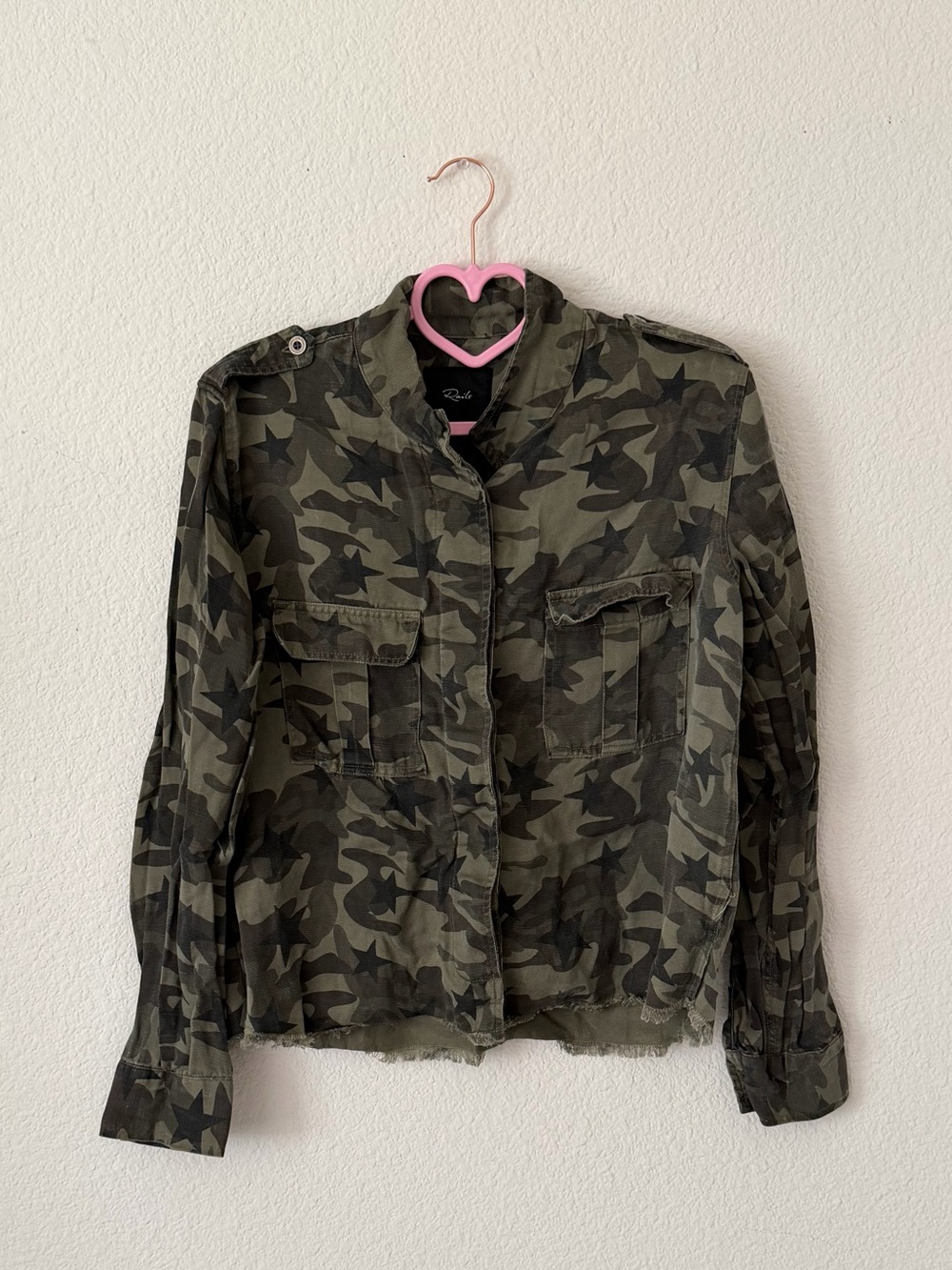 Rails Women's Star Camouflage Utility Jacket with Frayed Hem - Olive & Black